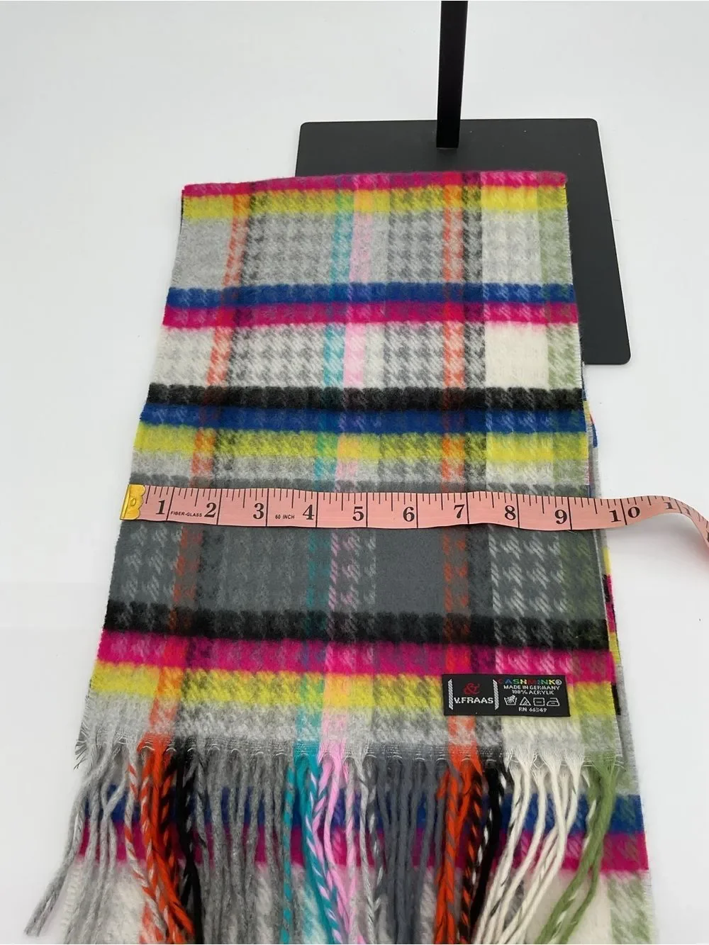 V. Fraas Multicolor Plaid Fringe Scarf - Gray, Pink, Yellow